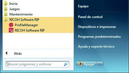 Inicio de RICOH Software RIP por primera vez Inicio de RICOH Software RIP por primera vez Para Windows Vista / Windows 7 1 Seleccione [RICOH Software RIP];[Inicio] - [Todos los programas] - [RICOH