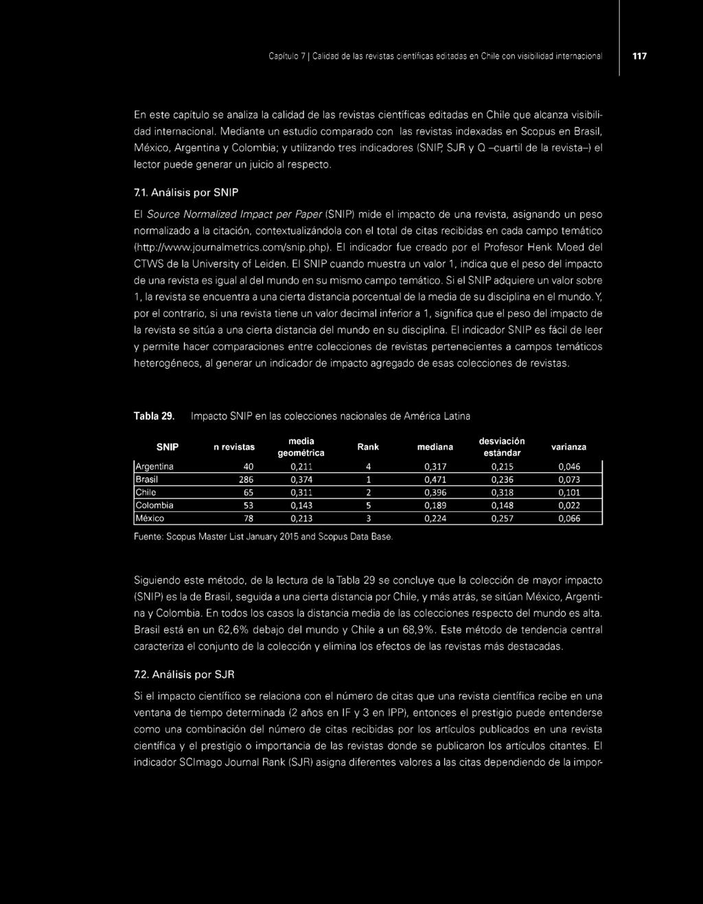 Mediante un estudio comparado con las revistas indexadas en Scopus en Brasil, México, Argentina y Colombia; y utilizando tres indicadores (SNIP SJR y Q cuartil de la revista-) el lector puede generar
