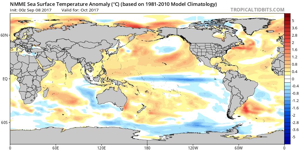 Estado actual de la temperatura del mar en el Pacífico tropical El pronóstico de Temperatura Superficial del Mar (TSM) para el mes de octubre muestra que las aguas en el Pacífico ecuatorial (en