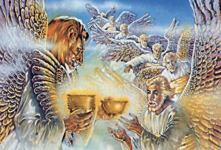 2. (7-8) Se dan las copas; la nube de la gloria de Dios llena el templo.