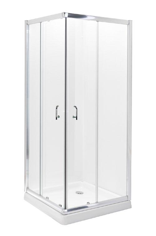 Ficha Técnica: Mampara ducha angular Apertura vértice 2 hojas fijas y 2 deslizantes Vidrio templado de seguridad de 6mm transparente Perfil de aluminio