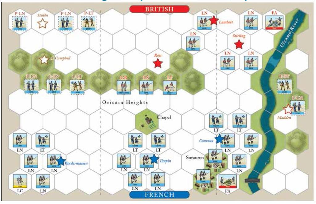 Notas de Batalla Ejército Británico Comandante: Paget 2 Cartas de Estratega Mueve Primero Ejército Francés Comandante: Debelle 4 Cartas de Orden 2 Cartas de Estratega Victoria 16 Banderas de Victoria
