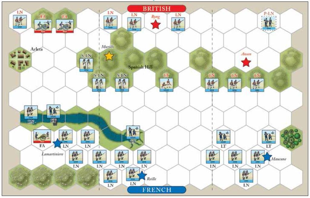 combatir y triunfar antes, pero los británicos también habían recibido refuerzos. Mientras continuaban los ataques escalonados franceses, las tropas de Rielle atacaron.