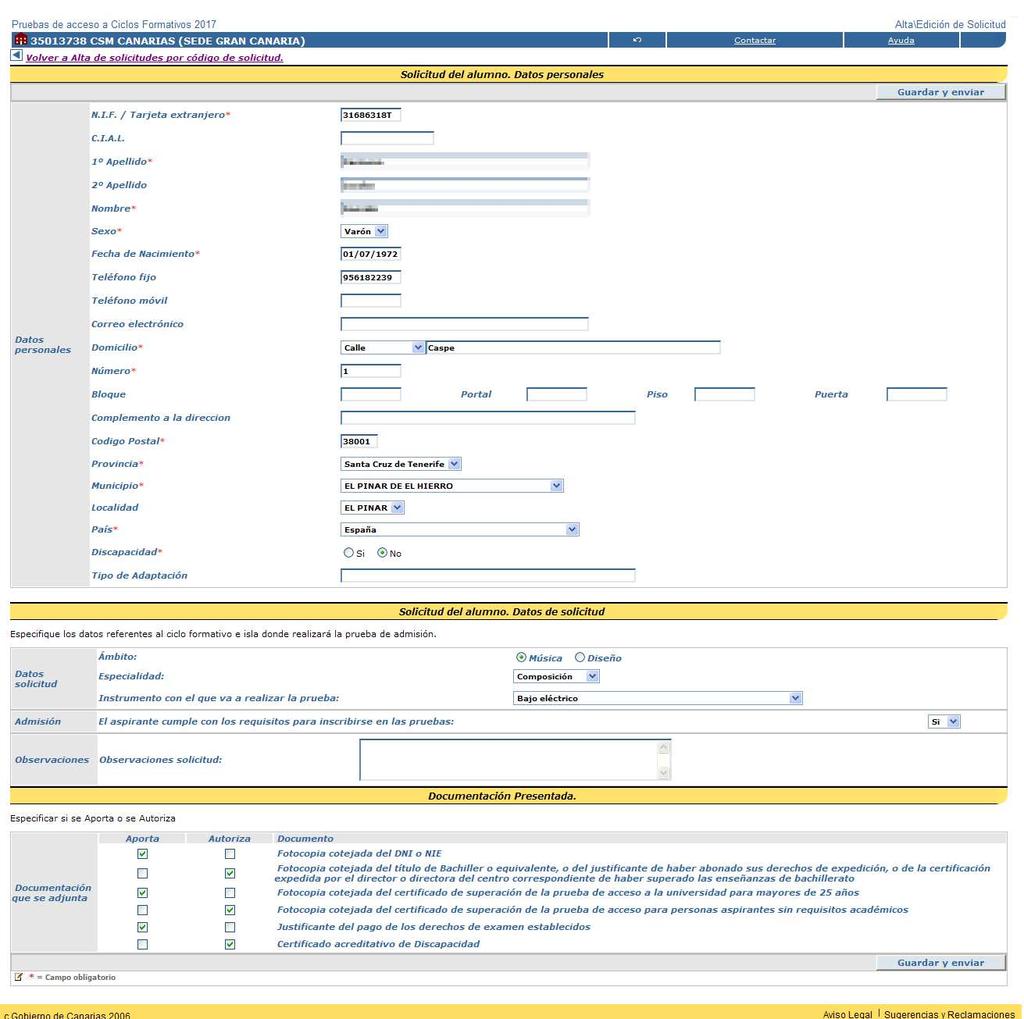 En este formulario se gestionan los datos personales del solicitante, los datos propios de la prueba de acceso y los datos sobre la documentación presentada.