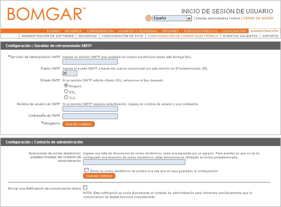 Configuración de correo electrónico Ingrese la información del servidor de retransmisión SMTP, de manera que su Bomgar Box pueda enviar