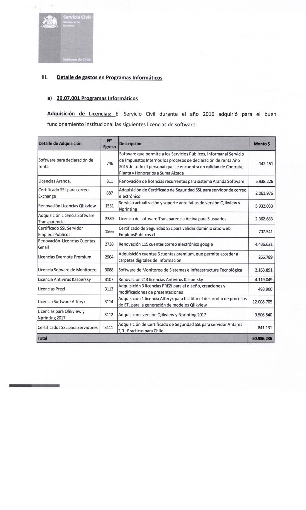 III. Detalle de gastos en Programas Informáticos a) 29.07.