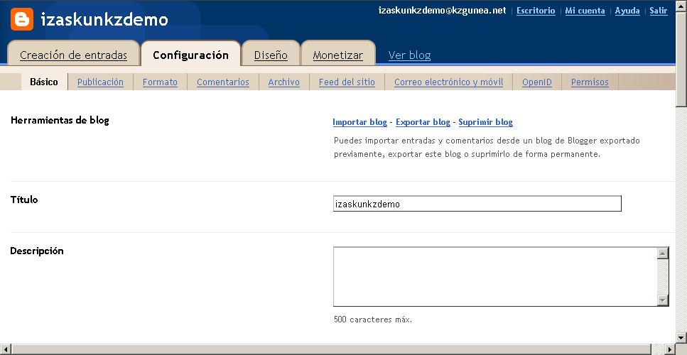 Las opciones para la configuración del blog están distribuidas en pestañas.