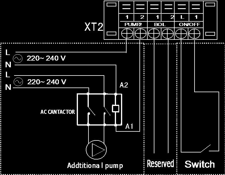1) Conexión auxiliar EMCH-07W/1 1. Los terminales de cableado PUMP2 suministra las señales de ENCENDIDO/APAGADO. La bomba de agua en espera (standby) se debe controlar mediante el contactor CA. 2.