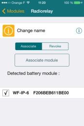 Open the Application and select ''Irrigation'' and the ''radio relay''. Press ''Associate'' and then ''Detect a battery module''.