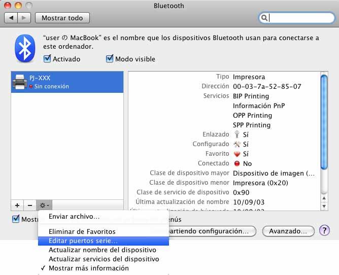 6: Seleccione [Editar puertos serie...] del menú. i Mac OS X 0.6: Seleccione la impresora adecuada de la lista y haga clic en [Continuar]. j Mac OS X 0.6: Haga clic en [Opciones de código...]. k Mac OS X 0.