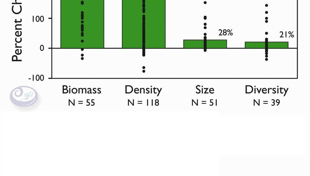 Figura 6. Cambio porcentual en las medidas biológicas. Cambio promedio en la biomasa, densidad, tamaño y diversidad en peces, invertebrados y algas dentro de las RRMM.