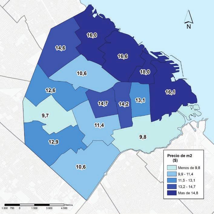 Mapa 2.4 Precio promedio del m 2 de los locales en alquiler por comuna. Ciudad de Buenos Aires. 2001 Fuente: ubsecretaría de Planeamiento. Transporte. GCBA.