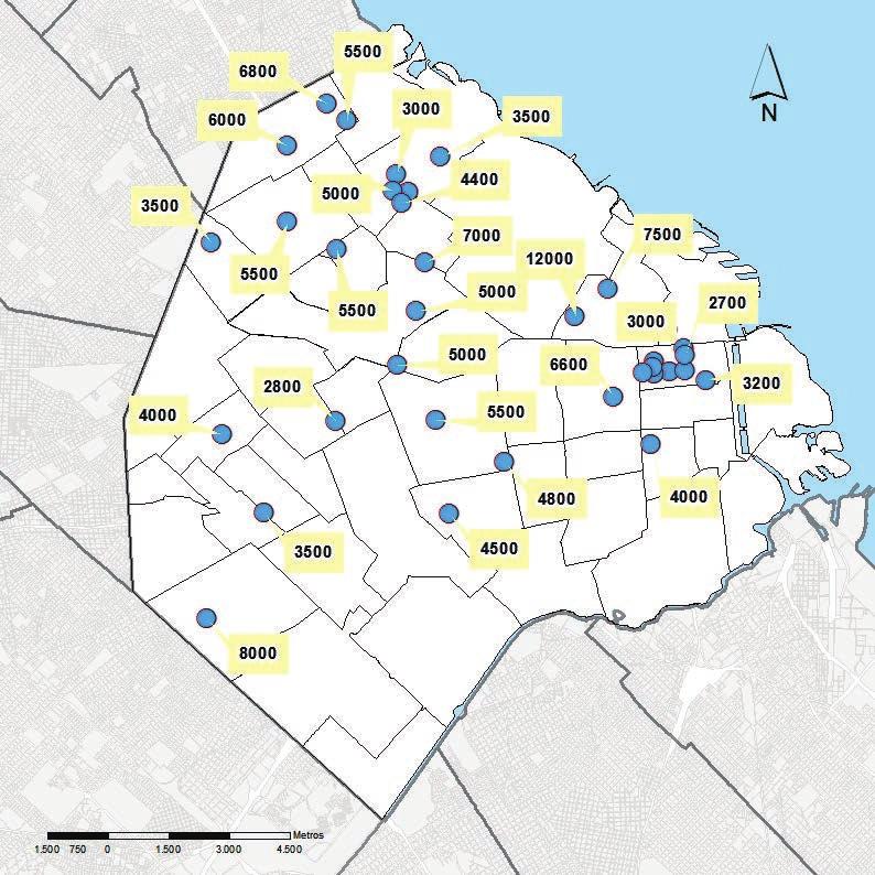 Precios de referencia de alquiler de locales según dimensiones Para esta sección se seleccionaron todos los locales en alquiler de 20 m 2 relevados en toda la Ciudad. De esta manera, en el mapa 2.