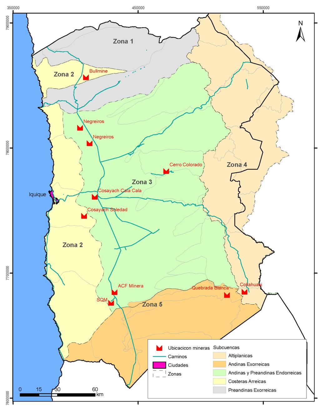 Figura 4-24: Ubicación principales compañías mineras de la región de Tarapacá De acuerdo a la información presentada anteriormente la Tabla 4-21 entrega un resumen de los