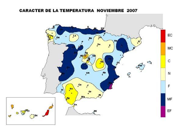 1. Temperatura El mes de noviembre ha tenido un carácter térmico frío para el conjunto del Península y Baleares. Hubo amplias áreas del norte, oeste y este peninsular donde fue muy frío.