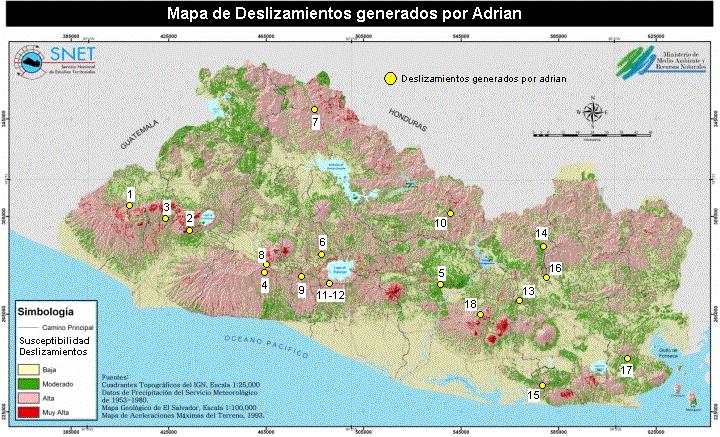 Figura 5. Mapa de deslizamientos generados por Adrián. 7. Ejemplos de los deslizamientos disparados durante Adrián DESLIZAMIENTO No.18-a, foto 1 en anexos.