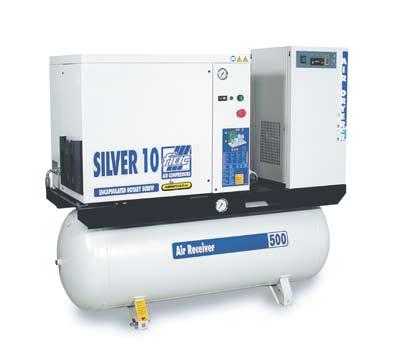 Compresores rotativos insonorizados de tornillo GAMA SILVER Estándar de presión 10 Bar, otras presiones (8 y 13 Bars) bajo demanda.