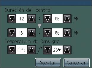 Configuración funcionamiento (cont.). Pulse el botón para hacer aparecer la pantalla de configuración "Duración del control" y "límite superior/inferior de temperatura" y haga los ajustes necesarios.