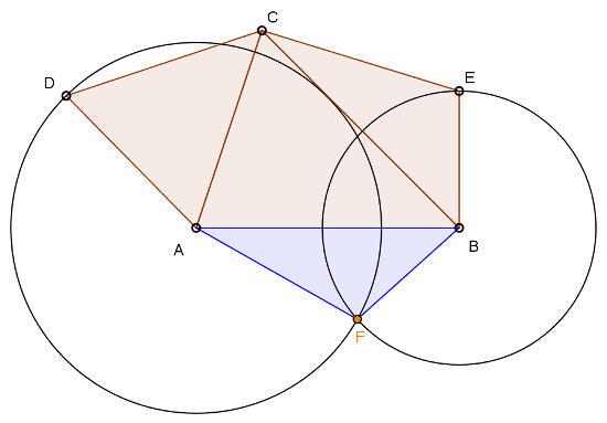 La figura muestra tres caras del desarrollo de un tetraedro. Dibuja la cuarta cara usando regla y compás.