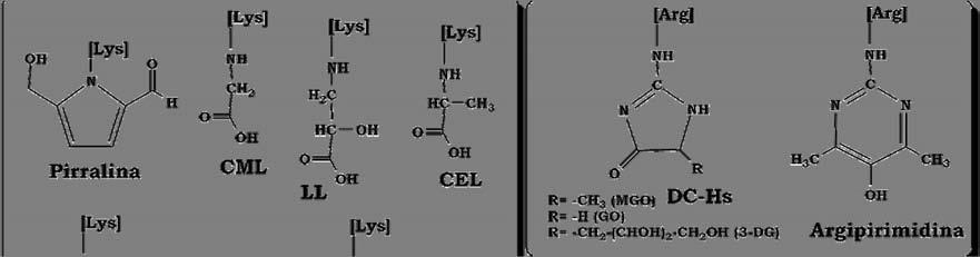 CAPÍTULO 1. GLICACIÓN PROTEICA (GP) carbaldehído [TESSIER, 2003]. La reacción de α-oxoaldehídos con el grupo guanidino de las Arg proteicas genera imidazolinas (DC-Hs) [THORNALLEY, 2005].