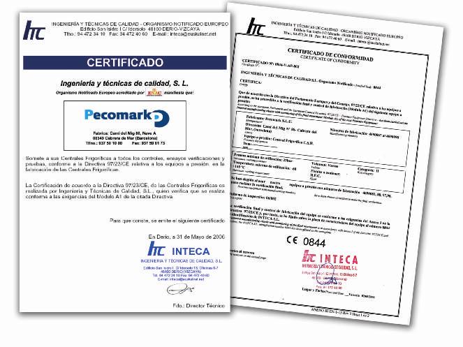 Certificado Centrales frigoríficas con compresores herméticos PECOMARK INDUSTRIAL fabrica todos los equipos frigoríficos en conformidad con la Directiva Europea de Equipos a Presión (PED) 97/23/CE,
