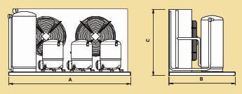 Características y dibujos acotados Características Centrales frigoríficas con compresores herméticos a pistón con condensador helicoidal TECUMSEH EUROPE RECIPROCATING COMPRESSORS Alta / Media T Datos