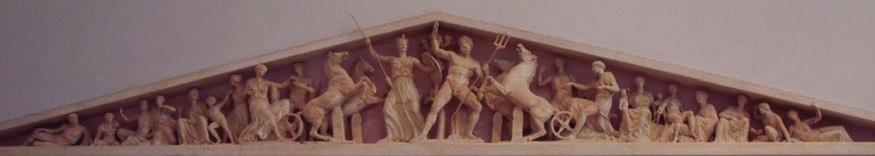 Guía para la visita Ares con Apolo y Hera con Poseidón, los cuales aparecen como cerrando un paréntesis respecto de la escena central en la que están situados Zeus y Atenea.