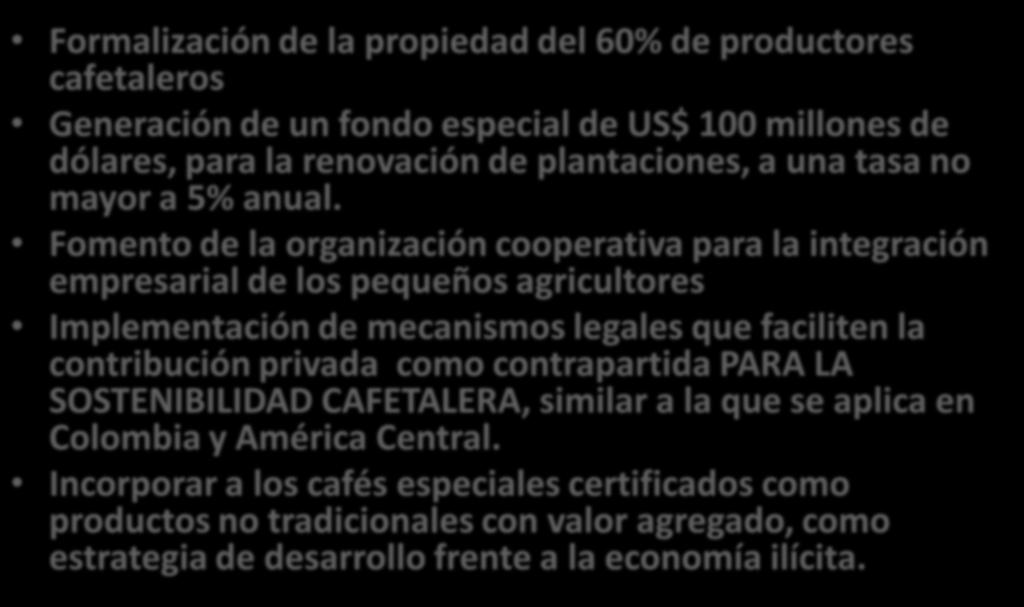MEDIDAS URGENTES PARA EL DESARROLLO CAFETALERO Formalización de la propiedad del 60% de productores cafetaleros Generación de un fondo especial de US$ 100 millones de dólares, para la renovación de