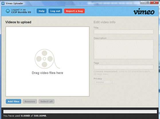II. PUBLICAR VÍDEOS A VIMEO AMB VIMEO UPLOADER El programa Vimeo Uploader ha quedat instal lat al vostre ordinador i sempre que vulgueu publicar vídeos, només haureu d obrir el programa (tindreu un