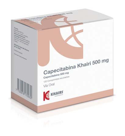 CAPECITABINA KHAIRI Capecitabina 500 mg p. 1 comp. rec. Capecitabina está indicado en el tratamiento de: Primera línea del cáncer gástrico avanzado en combinación con un esquema basado en platino.