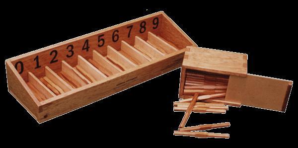 Dos cajas de madera (19 cm x 26,5 cm): Cada caja está dividida en cinco compartimentos con números apuntados en la parte posterior: 0-4 y 5-9. Una caja contiene 45 husos de madera.