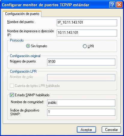 WINDOWS 28 11 Haga clic en Configurar puerto en la sección Puertos del cuadro de diálogo Propiedades. Aparece el cuadro de diálogo Configurar monitor de puertos TCP/IP estándar.