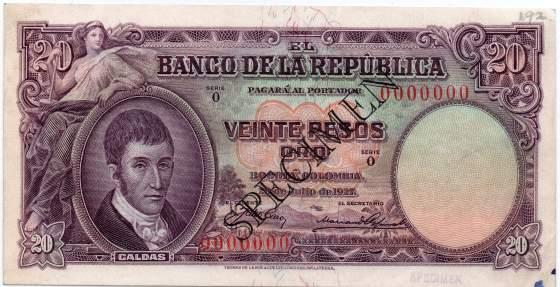 BANCO DE LA REPÚBLICA - ESPECÍMENES 131 (70%) 131. Veinte Pesos. 20.