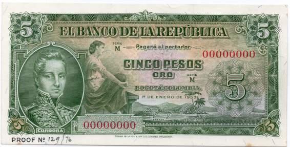 134 (70%) 134. Cinco Pesos. 1.1.1953. PROOF No. 129 / 76. Serie M. 00000000. SCWPM 399-sp.