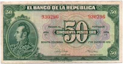 000 145. Cincuenta Pesos. 1.1.1951. 6 Dígitos.