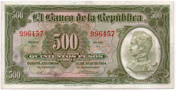 148. Quinientos Pesos. 20.7.1964. 6 Dígitos. Serie AA. 996457.