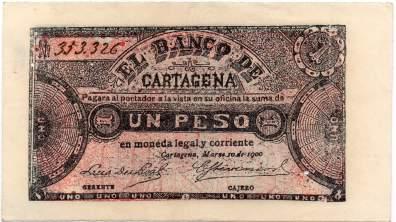 Banco de Bolívar. 1 Peso. 14.1.1884. PRUEBA DEL ANVERSO. Recortado y pegado sobre papel grueso. SCWPM S-422.
