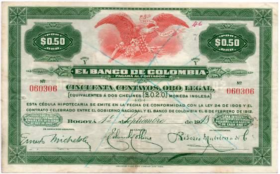 219. Banco de Colombia. 50 Centavos. 1.9.1918. Serie Y.