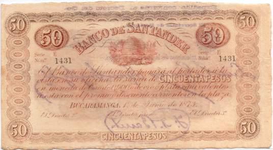 000 229. Banco de Santander. 50 Pesos. 1.6.1873. Serie E.