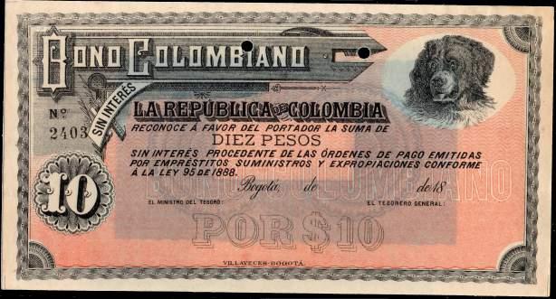 231. República de Colombia. Bono Colombiano. 10 Pesos. 18--. 2403. SCWPM 293A. DP-631-. E 9 (AU). RARO. 2 000.