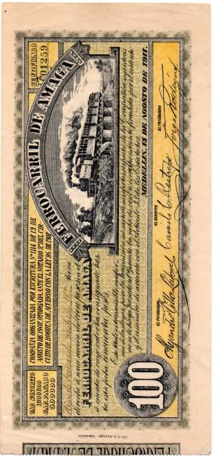 FERROCARRILES & TRANVÍAS 235. Ferrocarril de Amagá. ACCIÓN. 100 Pesos. 15.8.1911.