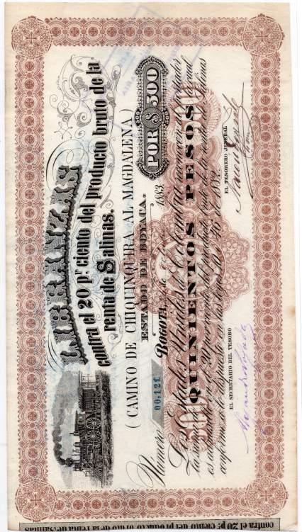 Compañía del Ferrocarril de Cúcuta. Vale por una acción de 100 Pesos. 9.11.1887. 15965. DP-(NL).