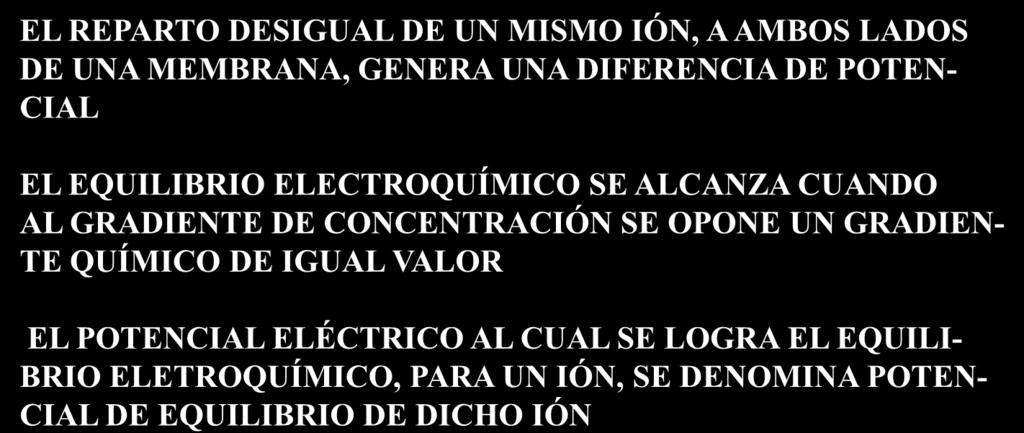 POTENCIALES DE MEMBRANA EN EL EQUILIBRIO ELECTROQÚIMICO: RT ln C 1 / C 2 = - z E F E = - (RT/zF) ln C 1 / C 2 EL REPARTO DESIGUAL DE UN MISMO IÓN, A AMBOS LADOS ENERGÍA DEBIDA A