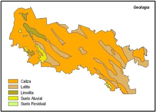 Perfiles municipales 2007 La corteza terrestre del municipio está formado por: Rocas sedimentarias (caliza que abarca el 74.07%; lutita el 20.72%; limolita el 2.82%); suelo aluvial el 2.