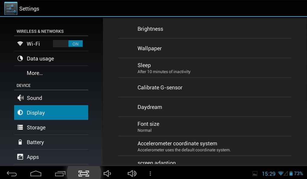 Brillo Fondo de pantallas Función Sleep Calibración Apagado auto de pantalla Tamaño de fuente Sietema coordinado de acelerómetro Ajuste de pantalla