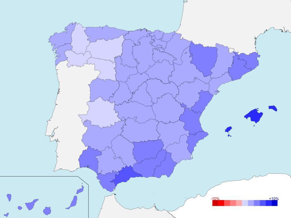 En España se crea empleo en todas las CC.AA, provincias y sectores Tasa de variación interanual de la afiliación.