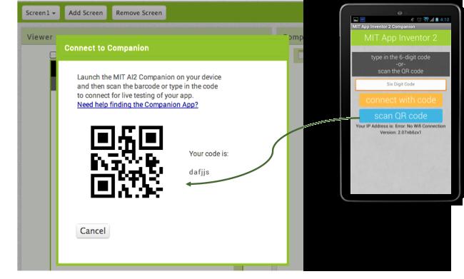 5. Otra posibilidad es introducir el código mostrado en pantalla en el cuadro solicitado de la app MIT AI Companion y pulsar en el botón connect with code (conectar con