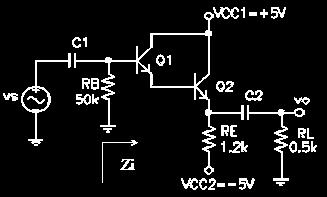 8 31- Indicar el tipo de configuración del siguiente amplificador y las características principales de la configuración (Av, Ai, Zi, Zo). Calcular la ganancia de tensión y la impedancia de entrada.