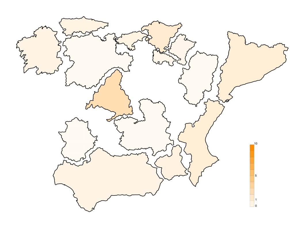 España territorial unidad: habitantes^0,5 * km2^0,5 (mitad de peso factor población, mitad de peso factor superficie) Una dimensión superficial, ponderada por la población, genera un mapa no tan