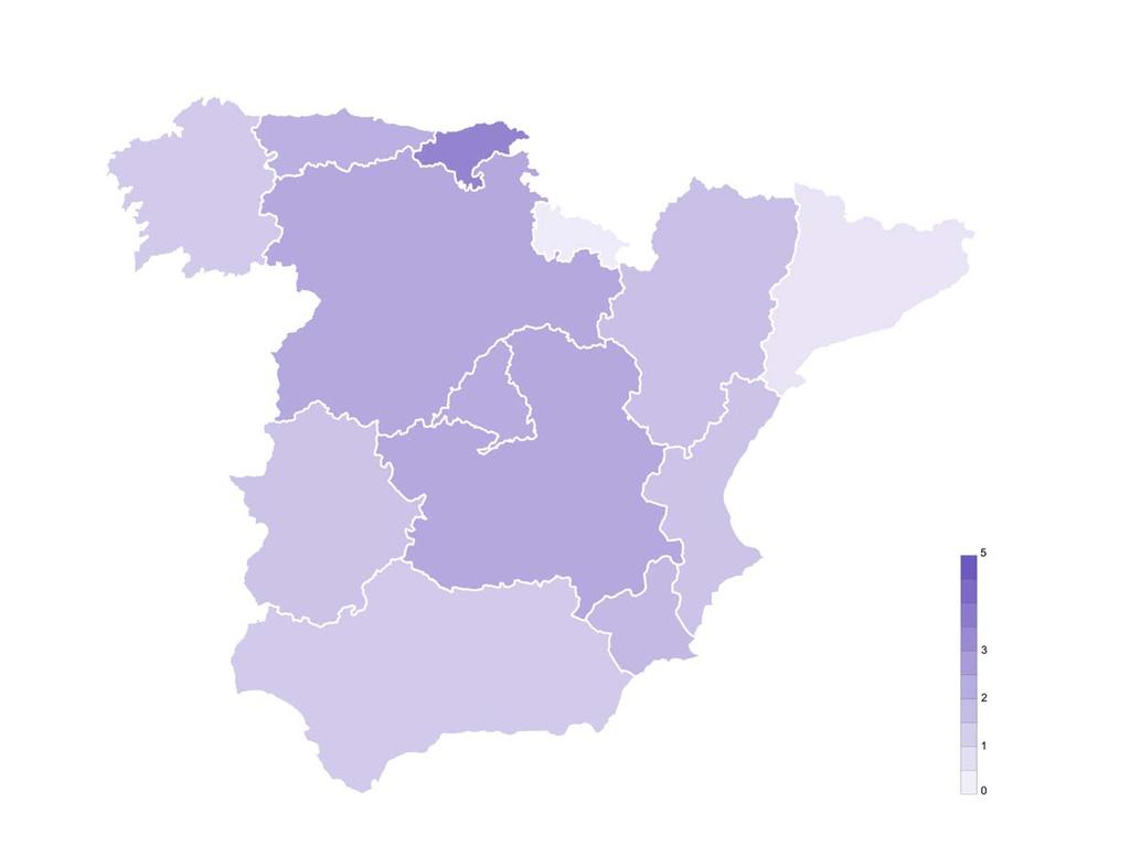 color: índice F de autovías En términos de estándar de dotación de inversiones del Estado (autorías), los mayores niveles de la península se sitúan en Cantabria, Asturias i toda Castilla.